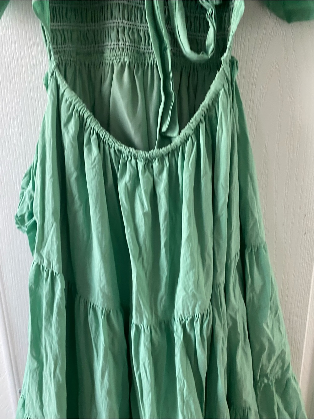&Merci Sage Green Smocked Open Tie Back Tiered Puff Sleeve Coquette Midi Dress S - Picture 13 of 14